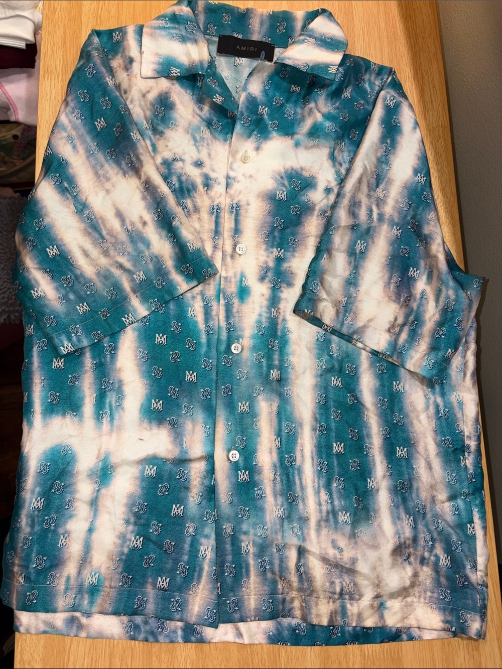AMIRI Teal and Cream Tie-Dye Short Sleeve Button Down Shirt 100% Silk